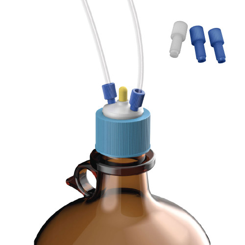 Solvent Delivery Cap Bundle, Port Cap for Glass Bottles, GL38 with built-in air valve, plugs and 1/8" fittings Solvent Delivery Cap Bundle, Port Cap for Glass Bottles, GL38 with built-in air valve, plugs and 1/8" fittings
