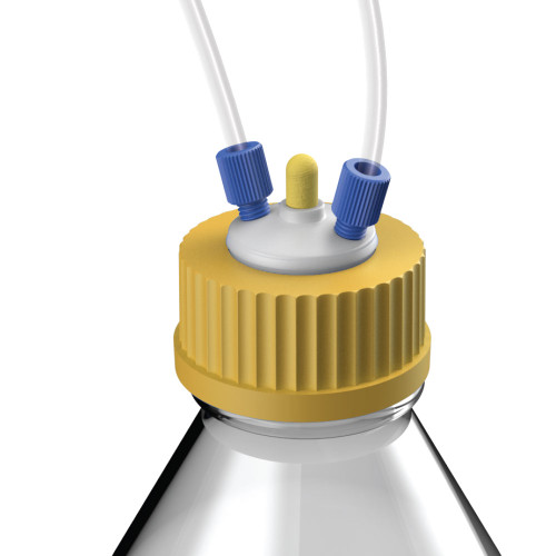 Solvent Delivery Cap Bundle, PTFE Port Cap for Glass Bottles, GL45 with air valve and 1/8" fittings Solvent Delivery Cap Bundle, PTFE Port Cap for Glass Bottles, GL45 with air valve and 1/8" fittings