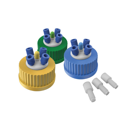 Solvent Delivery Cap Bundle, PTFE Port Cap for Glass Bottles, GL45 with air valve and 1/8" fittings Solvent Delivery Cap Bundle, PTFE Port Cap for Glass Bottles, GL45 with air valve and 1/8" fittings