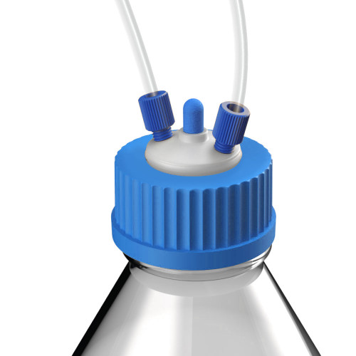 Solvent Delivery Cap Bundle, PTFE Port Cap for Glass Bottles, GL45 with air valve and 1/8" fittings Solvent Delivery Cap Bundle, PTFE Port Cap for Glass Bottles, GL45 with air valve and 1/8" fittings
