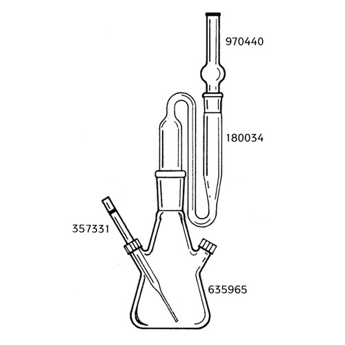 DWK Life Sciences WHEATON® Arsine Gas Generator, Laboratory Glass Apparatus, Each, illustrated diagram of a laboratory setup for generating arsine gas with connected glassware and labeled components.