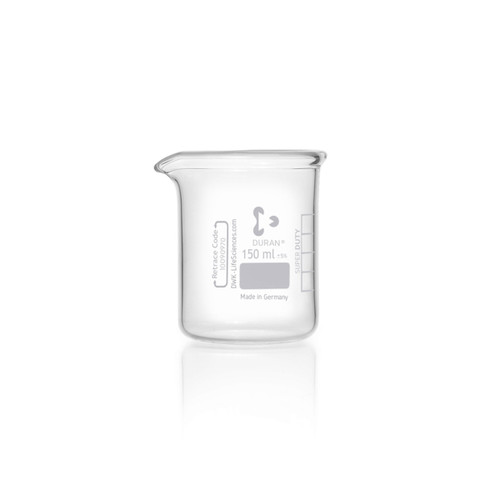 DWK Life Sciences DURAN® Low Form Glass Beaker with Spout, 150 mL, Super Duty Laboratory Beaker, Case of 10 - clear glass beaker with measurement markings and spout for laboratory experiments.