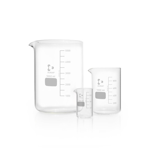 DWK Life Sciences DURAN® Heavy Wall Beaker, With Spout, 15000 mL, Borosilicate Glass, Laboratory Use, Each - a set of three transparent laboratory beakers with varying capacities, featuring spouts for pouring