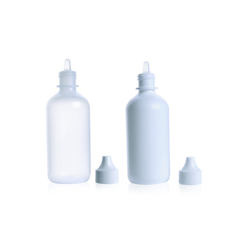 DWK Life Sciences WHEATON® Dispensing Bottle, 30 mL, LDPE Natural, Laboratory Grade, ECDT, Case of 144, two white plastic bottles with screw caps and nozzle, front view.