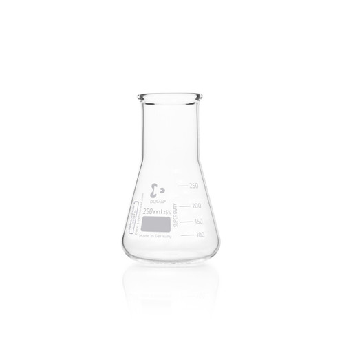 DWK Life Sciences DURAN® Glass Erlenmeyer Flask with Narrow Neck, 250 mL, Laboratory Conical Flask, Case of 10, clear glass laboratory flask with 250 mL capacity, narrow neck, and measurement markings.