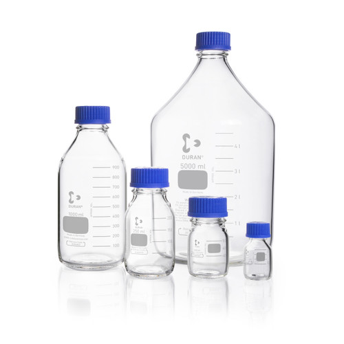 DWK Life Sciences DURAN® Laboratory Bottle, GL25 Thread, 10 mL, Blue PP Cap, Chemical Resistant, Case of 10, transparent laboratory bottles with blue caps in various sizes for chemical storage and laboratory use.