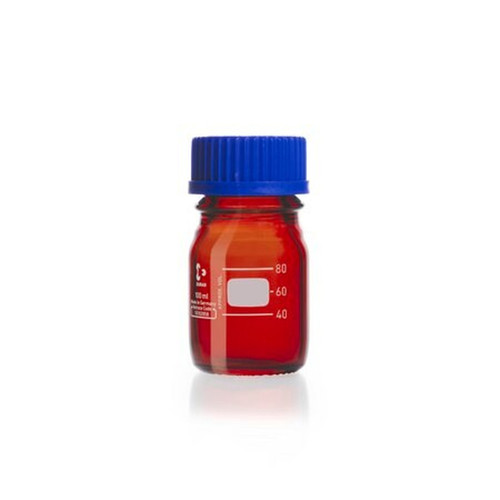 DWK Life Sciences DURAN® Laboratory Bottle, GL45 Thread, 100 mL Amber, Blue PP Cap, Chemical Resistant, Case of 10, shown with red amber glass bottle with blue cap and measurement markings.