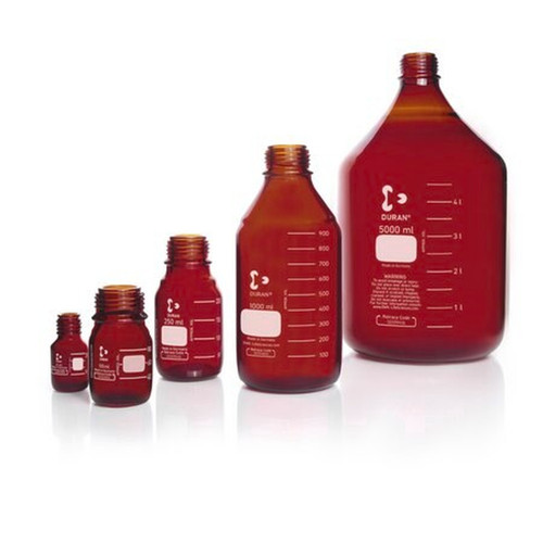 DWK Life Sciences DURAN® Laboratory Bottle, GL45 Thread, 500 mL Amber, No Cap, Chemical Resistant, Case of 10 - image of five amber glass laboratory bottles of varying sizes with measurement markings and no caps.