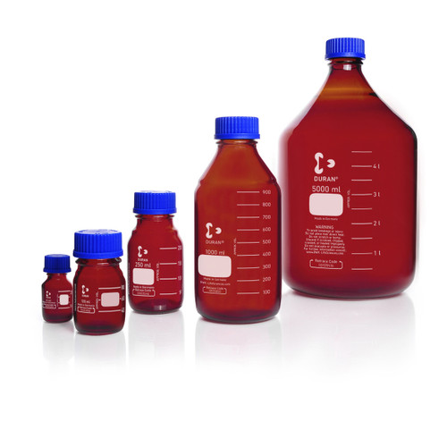 DWK Life Sciences DURAN® Laboratory Bottle, GL45 Thread, 2 L Amber, Blue PP Cap, Chemical Resistant, each - image of a set of four amber glass bottles with blue caps in various sizes, marked with white graduated measurements for laboratory use. DWK Life Sciences DURAN® Laboratory Bottle, GL45 Thread, 2 L Amber, Blue PP Cap, Chemical Resistant, each - image of a set of four amber glass bottles with blue caps in various sizes, marked with white graduated measurements for laboratory use.