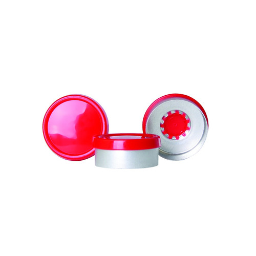 DWK Life Sciences WHEATON® Flip-Cap Seal, 20 mm, Red, Unlined, Laboratory Vial Seal, Case of 1000, showing three red flip-cap seals with one open to reveal the underside with a white sealing liner.