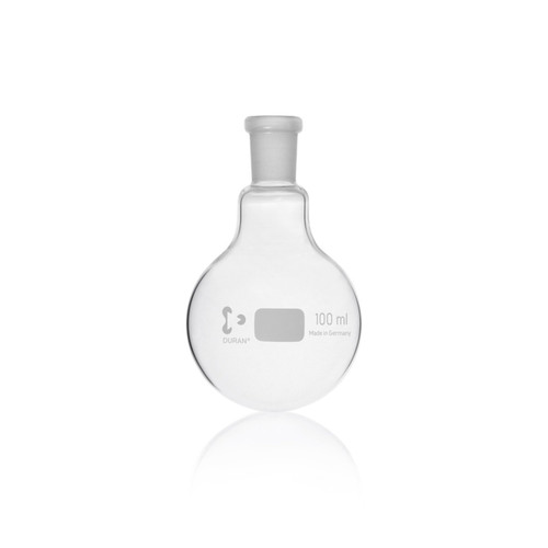 DWK Life Sciences DURAN® Round Bottom Flask, 100 mL, NS 14/23 Joint, Laboratory Glass Flask, Case of 10, transparent glass laboratory flask with a round bottom and narrow neck.