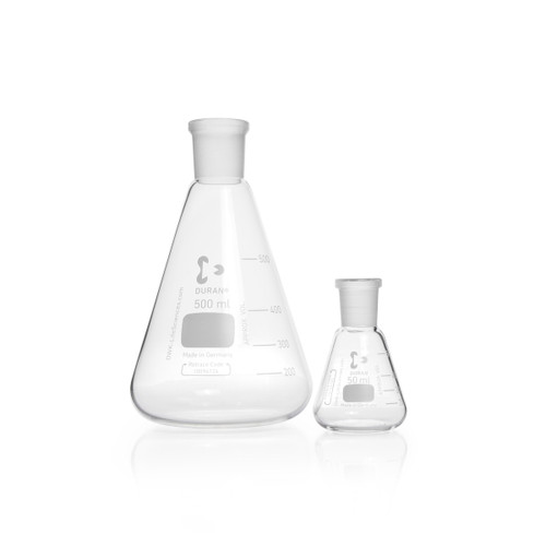 DWK Life Sciences DURAN® Erlenmeyer Flask, NS 29/32, 50 mL, Borosilicate Glass, Each, with clear markings and a white stopper.
