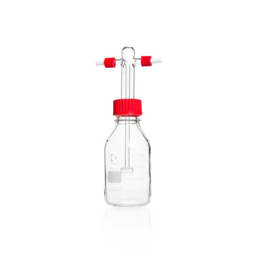 DWK Life Sciences DURAN® Gas Washing Bottle, 500 mL, Each, clear laboratory glass bottle with red screw caps and gas inlet and outlet tubes for scientific gas washing applications.