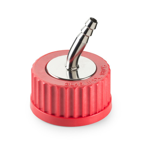 DWK Life Sciences DURAN® GL45 Connection Cap, PBT with Stainless Steel 1-Port Laboratory Bottle Connector, Each, red plastic cap with a metal connector for laboratory bottles. DWK Life Sciences DURAN® GL45 Connection Cap, PBT with Stainless Steel 1-Port Laboratory Bottle Connector, Each, red plastic cap with a metal connector for laboratory bottles.