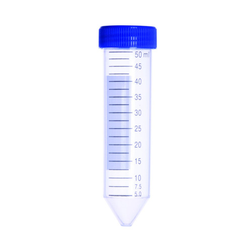 DWK Life Sciences KIMBLE® 50 mL Centrifuge Tube, Conical Polypropylene, Sterile, in Bags, Laboratory Centrifuge Tubes, Case of 500 - transparent plastic tube with blue screw cap and measurement markings. DWK Life Sciences KIMBLE® 50 mL Centrifuge Tube, Conical Polypropylene, Sterile, in Bags, Laboratory Centrifuge Tubes, Case of 500 - transparent plastic tube with blue screw cap and measurement markings.