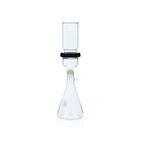 DWK Life Sciences WHEATON® Vacuum Filter Assembly, 90 mm, with Stainless Steel Support, Laboratory Filtration Apparatus, each in clear glass with black and white components. DWK Life Sciences WHEATON® Vacuum Filter Assembly, 90 mm, with Stainless Steel Support, Laboratory Filtration Apparatus, each in clear glass with black and white components.