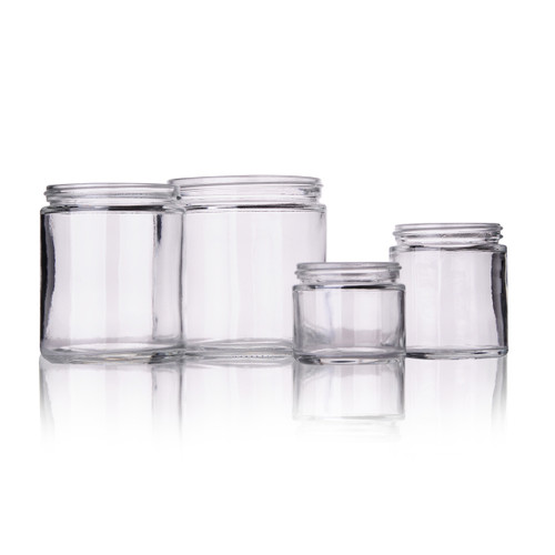 DWK Life Sciences KIMBLE® Glass Jar, Screw Stopper, Clear, 2 Oz, Case of 216, transparent glass jars with screw-on stoppers displayed in a row.