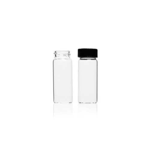 DWK Life Sciences KIMBLE® Clear Glass Sample Vial with Rubber Cap, 19 x 65 mm, 15-425 Thread, 3 Dram, Case of 1152, two empty glass vials with one capped and one open.
