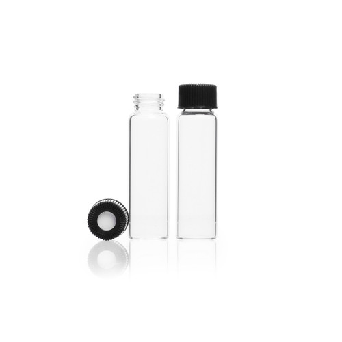 DWK Life Sciences KIMBLE® Glass Vial Assembly with TFE/Silicone Open-Top Cap, Pre-Assembled Vial & Closure, Case of 144, clear glass vials with black caps, isolated on white background.