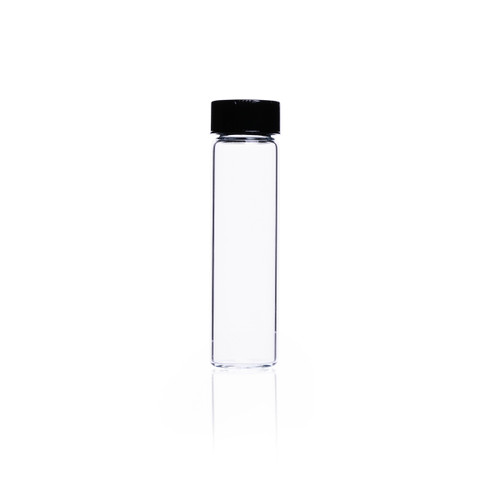 DWK Life Sciences KIMBLE® Clear Glass Sample Vial with Polypropylene Cap, 27 x 108 mm, 24-400 Thread, 11 Dram, Case of 432, empty laboratory glass vial on white background.