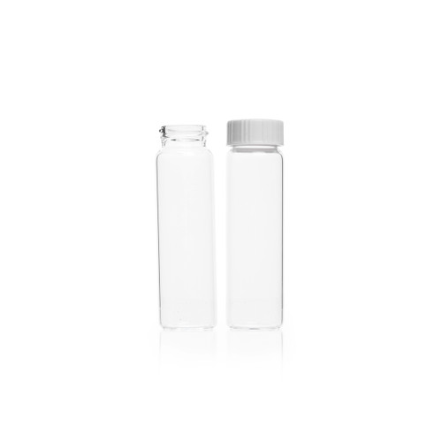 DWK Life Sciences KIMBLE® Clear Glass EPA Vial with PTFE-Faced Silicone Rubber Closure, 20 mL, Assembled, Case of 432, transparent glass laboratory vial with white screw cap, empty for sample storage.