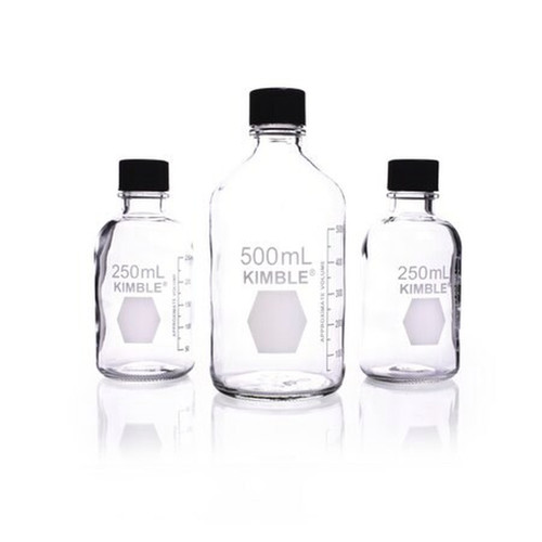 DWK Life Sciences KIMBLE® Clear Glass Media Storage Bottles, 1000 mL, Screw Thread, Graduated with PTFE-Lined Phenolic Cap, Pack of 12, shown in three sizes with black caps and measurement markings on transparent glass bottles.