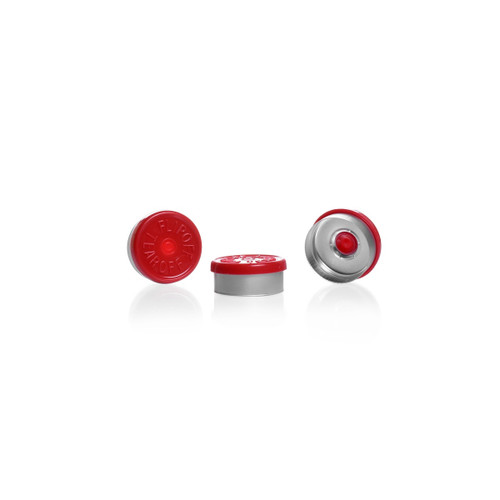 DWK Life Sciences KIMBLE® Flip/Tear Seal, Red, 20 mm Aluminum/Plastic Vial Seal, Case of 1000, shown in a close-up image with three seals, highlighting the flip lid mechanism and vibrant red color for secure vial closure.