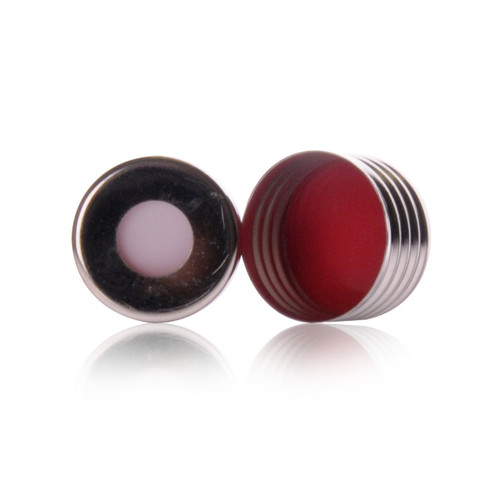 DWK Life Sciences KIMBLE® Silver Magnetic Screw Cap, 18 mm, 0.075" Thickness, Chromatography & Lab Use, Case of 1000, red and silver screw caps with magnetic properties for laboratory chromatography applications.