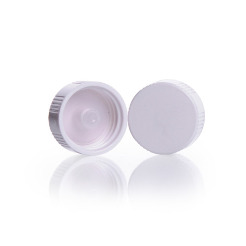 DWK Life Sciences KIMBLE® White Urea Cap for Scintillation Vial, 22-400 Thread, Screw Closure, Case of 1000, white plastic vial cap with ribbed edges for secure sealing.