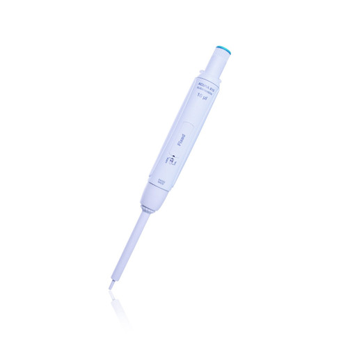 DWK Life Sciences WHEATON® SOCOREX® ACURA® Manual 815 Fixed Volume Pipette, 10 µL, Each - A white laboratory pipette with adjustable volume and a blue tip, designed for precise liquid measurement in scientific applications.