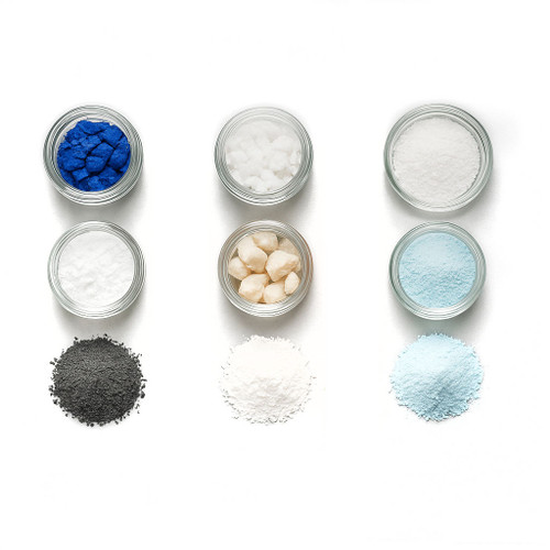 Pure Analytical Laboratories Rubidium sulfate 99.99%, Crystalline Powder, Ultra-High Purity, LC-MS Grade, 50 grams in glass containers with blue, white, and black powders. Pure Analytical Laboratories Rubidium sulfate 99.99%, Crystalline Powder, Ultra-High Purity, LC-MS Grade, 50 grams in glass containers with blue, white, and black powders.