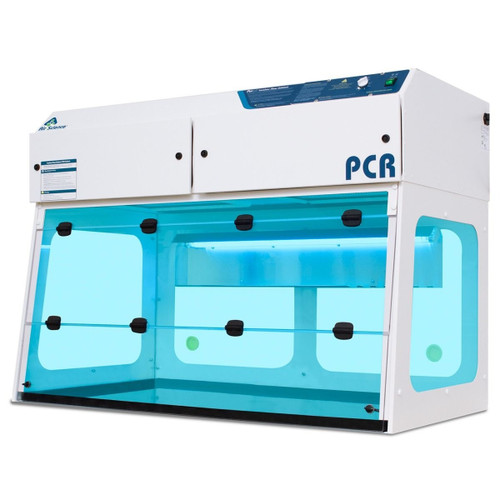 Air Science PCR Workstation 48' Wide with HEPA Filter, laboratory biosafety workbench with transparent blue side panels, control panel on top, and enclosed workspace for molecular biology experiments.