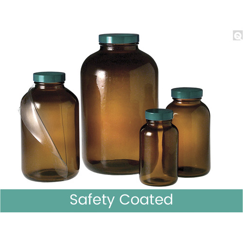 84oz (2500mL) Safety Coated Amber Wide Mouth Packer, 70-400 Phenolic Pulp/Vinyl Lined Caps, case/4