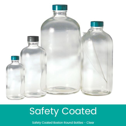 16oz Safety Coated Clear Boston Round Bottles, 28-400 Green Thermoset F217 & PTFE Lined Caps, case/60