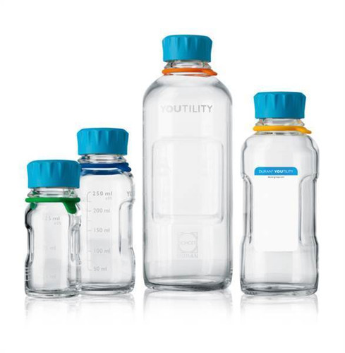 DURAN® YOUTILITY Bottles, Borosilicate Glass, Clear, Graduated, GL45, Screw Cap, 125 ml, case/4