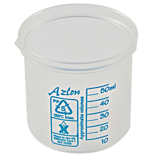Stackable PP Beakers, Blue Graduations, 50 mL, case/10