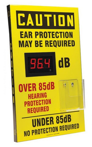 Caution Decibel Meter Sign, OSHA Compliant, Ear Plug Dispenser, Aluminum Face, 20"x12"x1", Each