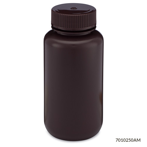 Bottles, Wide Mouth HDPE with Polypropylene Screw Caps, Amber, 250mL, pack/12