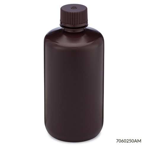 Bottles, Narrow Mouth HDPE with PP Screw Caps, Amber, 250mL, pack/12