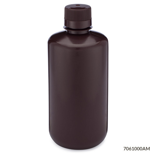 Bottles, Narrow Mouth HDPE with PP Screw Caps, Amber, 1000mL, pack/6