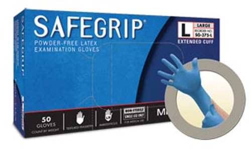 Ansell Microflex Safegrip® Exam Gloves, Extended Cuff, Powder-Free, Latex, Textured, Long, Blue, case/500