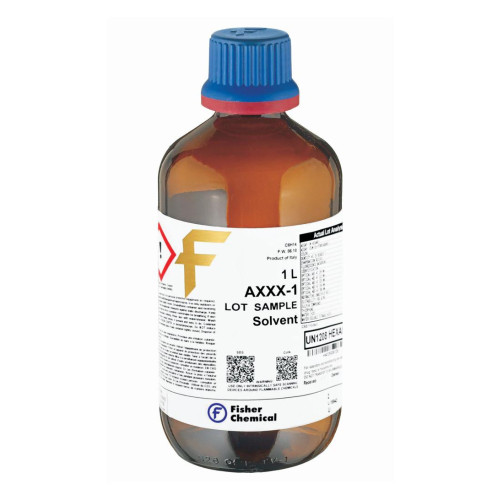 Fisher Scientific Methanol, Optima LC-MS Grade, 99.9%+ Purity, 1 Liter, case/6, amber glass bottle with blue cap and product label.