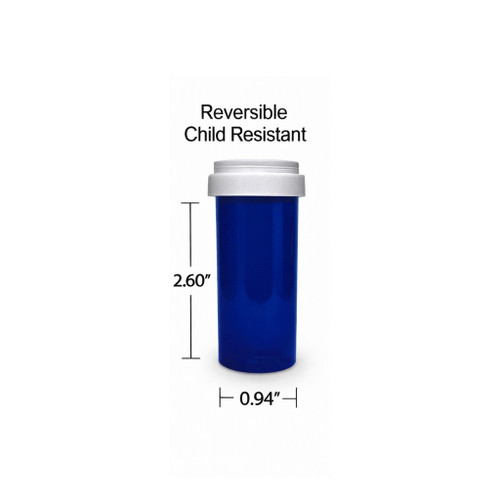 Product ColorSafe Blue Pharmacy Vials with Reversible Child Resistant Caps, 8 dram, case of 400, blue glass bottles with white caps, 2.60 inches tall and 0.94 inches diameter, suitable for pharmaceuticals and storage.