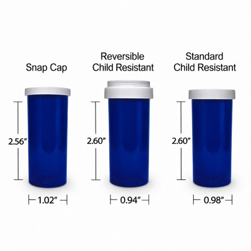 ColorSafe Blue Pharmacy Vials with Reversible Child Resistant Caps, 8 dram capacity, case of 400, featuring snap cap, standard child resistant, and reversible child resistant options, with dimensions 2.56, 2.60, and 2.60 inches in height respectively.