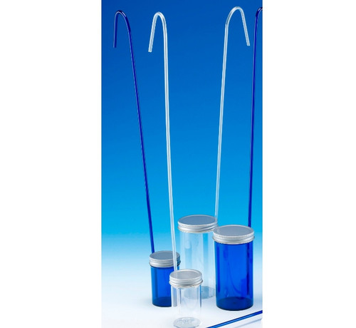 Thermo Scientific Nalgene Sample Dippers with Handle, 100mL Sterilin Dippas, Sterile, Single-Use, case/100, shown with blue and clear containers and long dipper handles against a blue background.