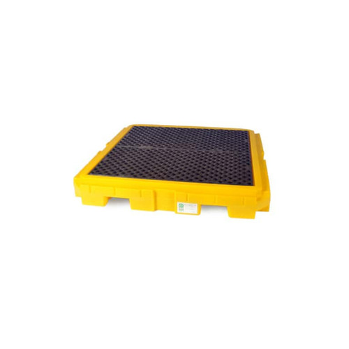 UltraTech Spill Pallet P4 Plus, With Drain, Yellow - A sturdy yellow spill containment pallet with a black perforated surface and drain, designed for industrial liquid management.