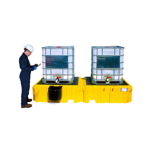 UltraTech Twin IBC Spill Pallet with 2 bucket shelves, featuring a drain, yellow base, used for spill containment and storage of large liquid containers.