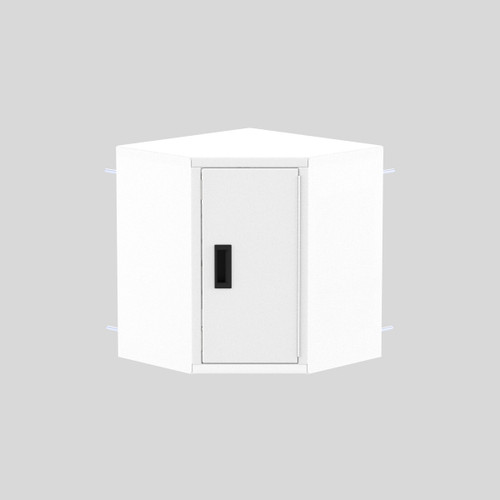 Valley Craft Corner Wall-Mounted Steel Storage Cabinet - 21W x 21D x 24H, Right-Hinged Door, White, with an open door showing adjustable shelf inside.