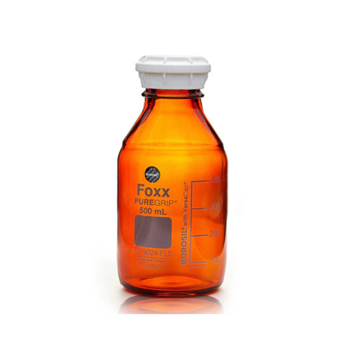 PUREGRIP® Rhino Safety Coated Glass Bottles, Amber, 500mL, with GL45 VersaCap, case/4