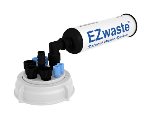 Foxx Life Sciences EZwaste® HPLC Solvent Waste System, Cap-Only, 70 mm (S70) VersaCap, 4-Ports (1/16"), 1-Port (1/4"), 3-Hose Barb Ports for 1/4 or 3/8", laboratory solvent waste disposal system with multiple ports and connectors.